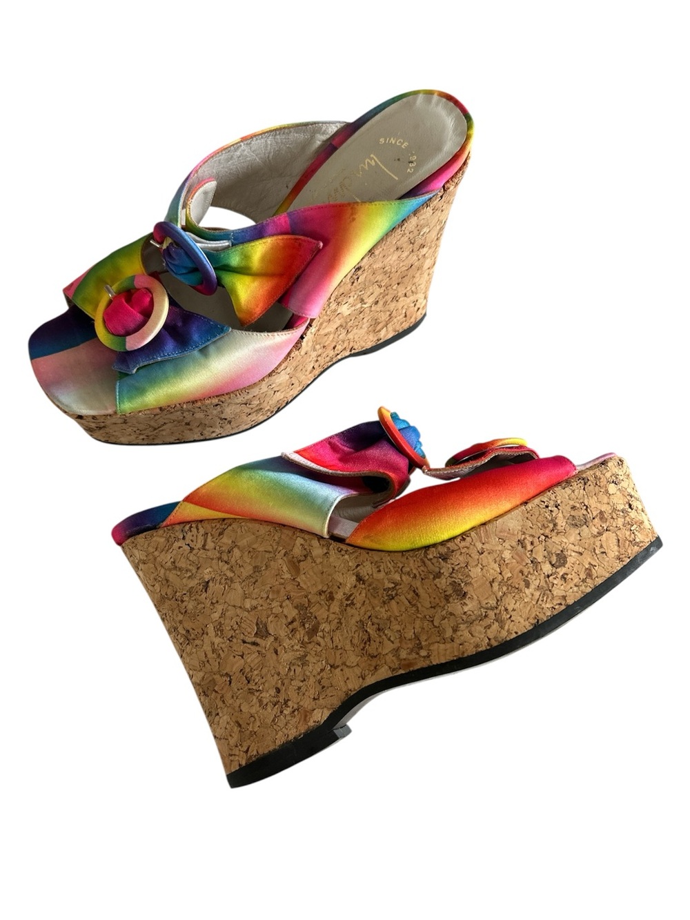Vtg 80’s Luichiny holographic rainbow platform wedge sandals Sz 6